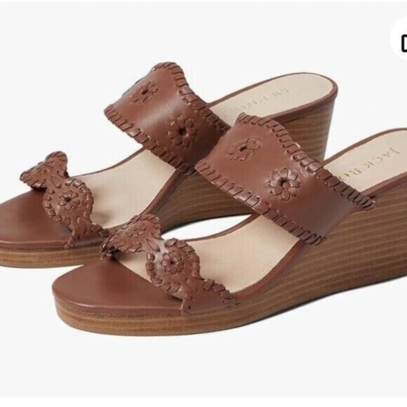 Jack Rogers Caroline Leather Wedge Sandals Women’s Size 7.5 Whipstitch Heels - Picture 1 of 11